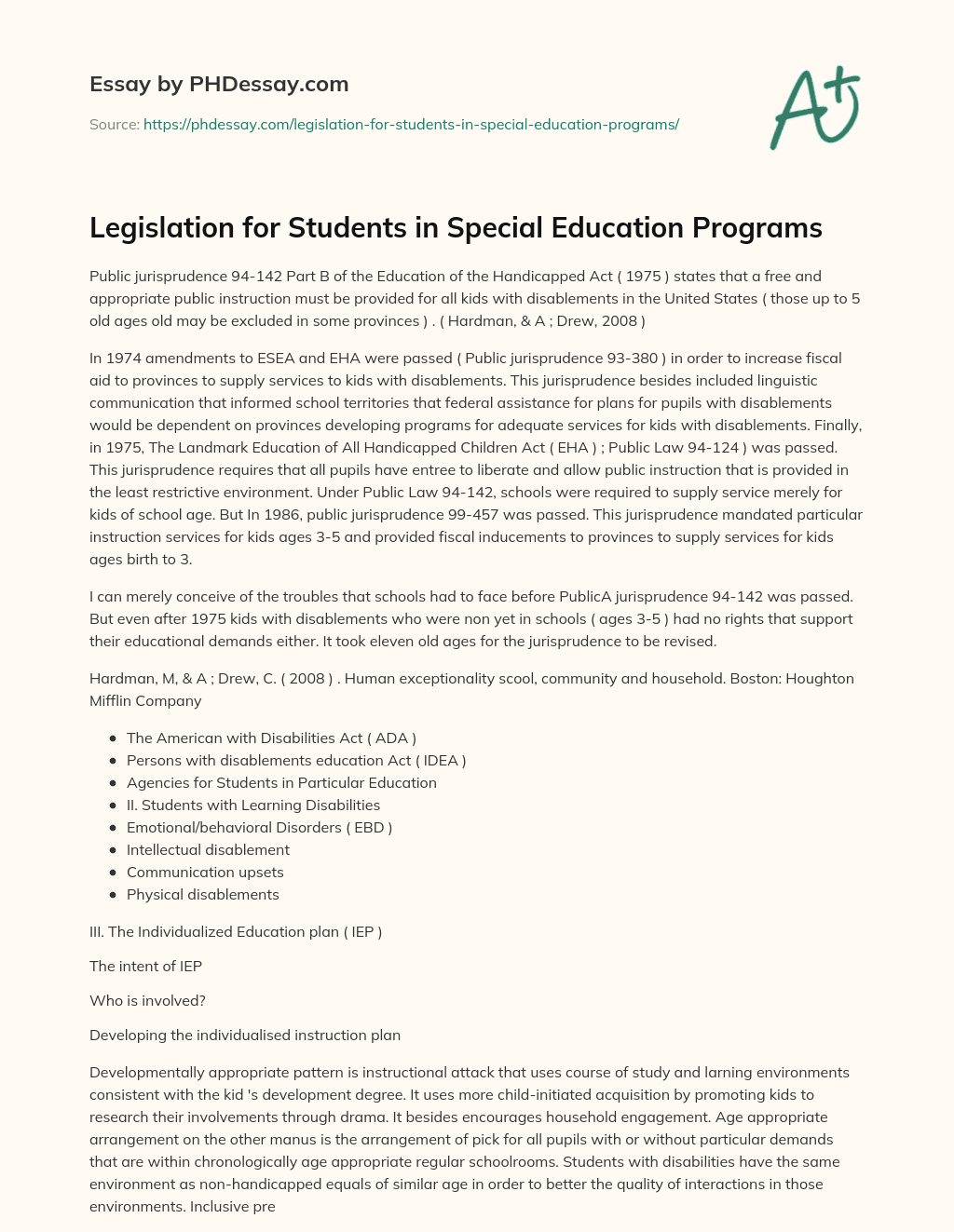 Legislation for Students in Special Education Programs essay