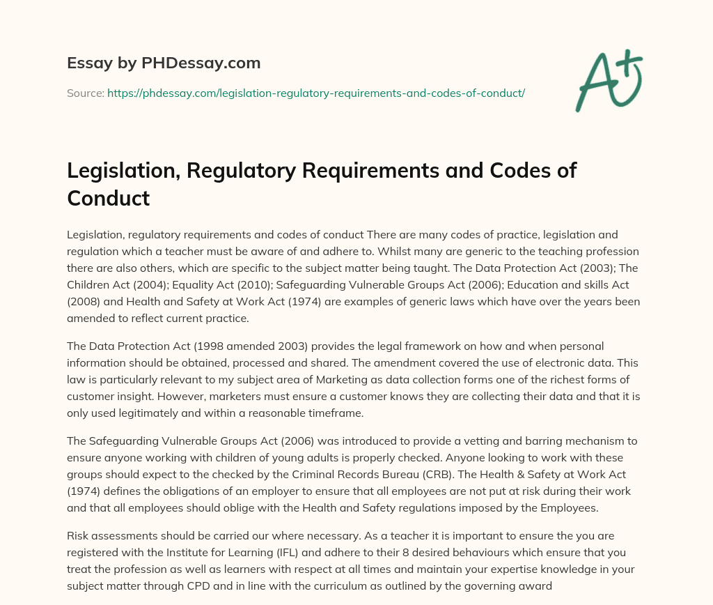 Legislation, Regulatory Requirements and Codes of Conduct essay