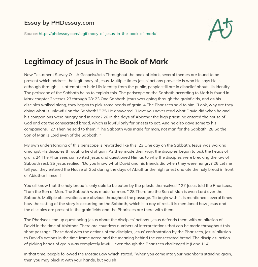 Legitimacy of Jesus in The Book of Mark essay