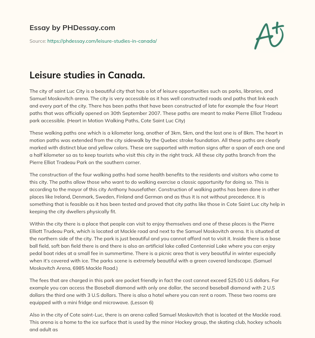 Leisure studies in Canada. essay