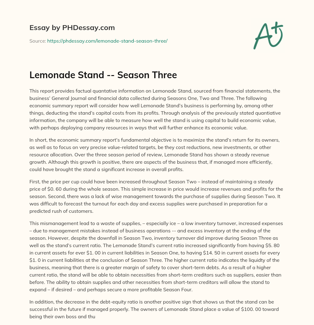 Lemonade Stand — Season Three essay