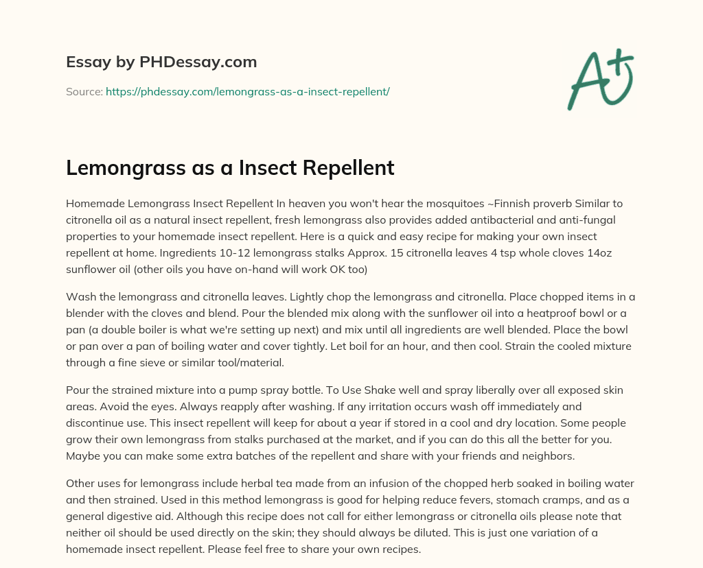 Lemongrass as a Insect Repellent essay