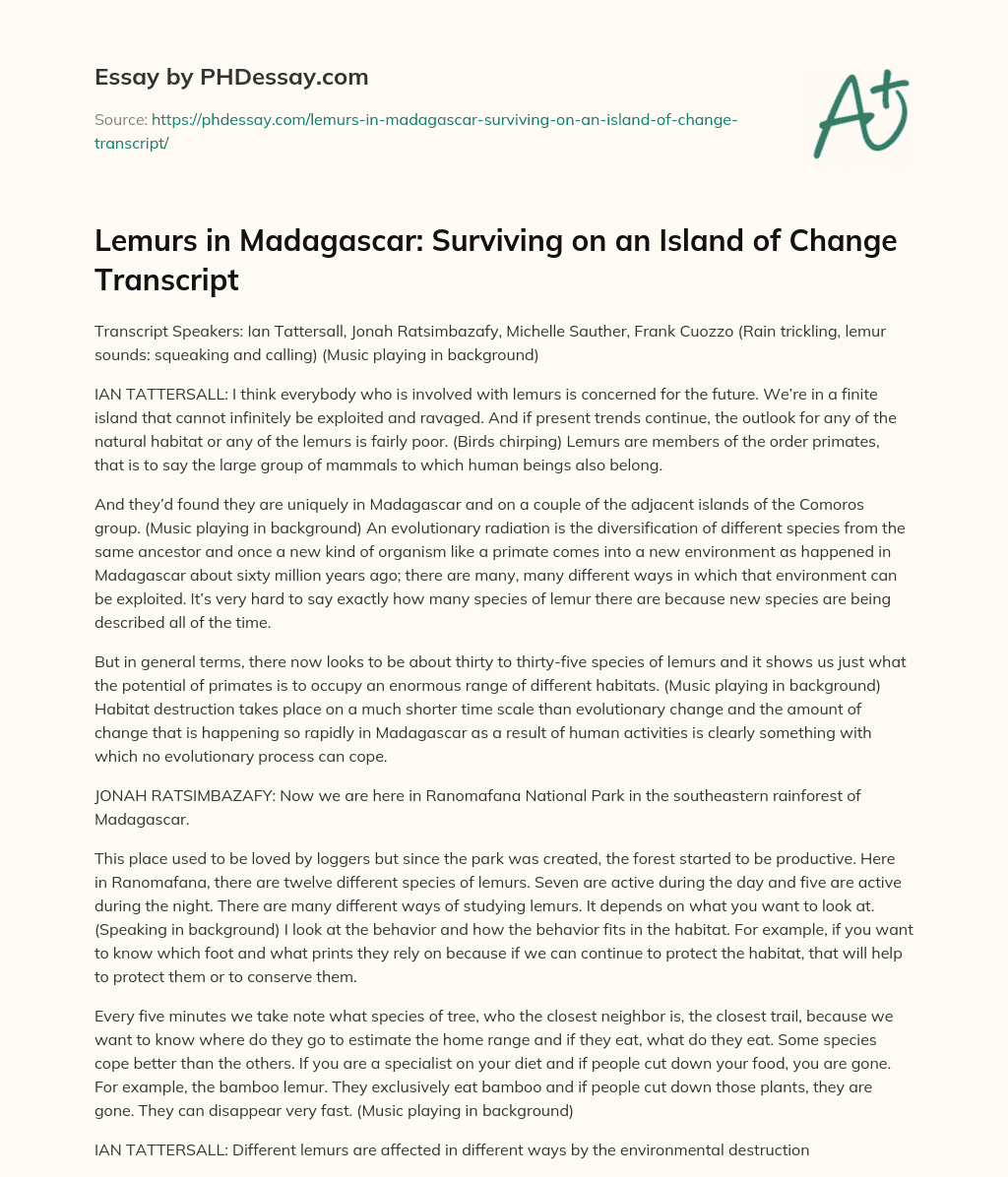 Lemurs in Madagascar: Surviving on an Island of Change Transcript essay
