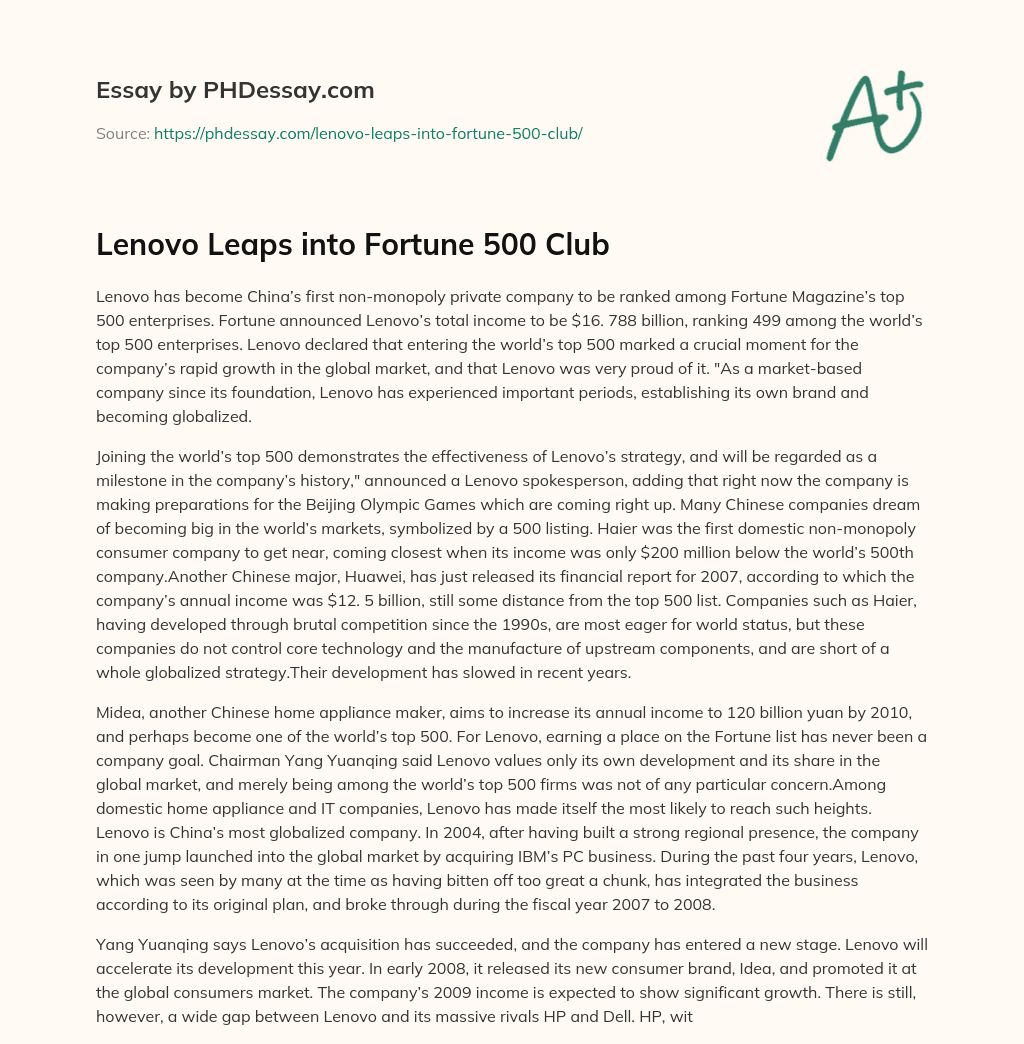 Lenovo Leaps into Fortune 500 Club essay