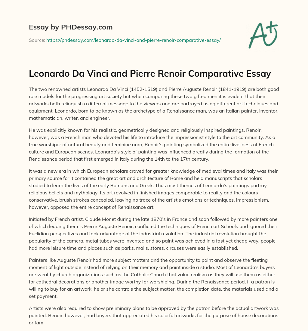 Leonardo Da Vinci and Pierre Renoir Comparative Essay essay