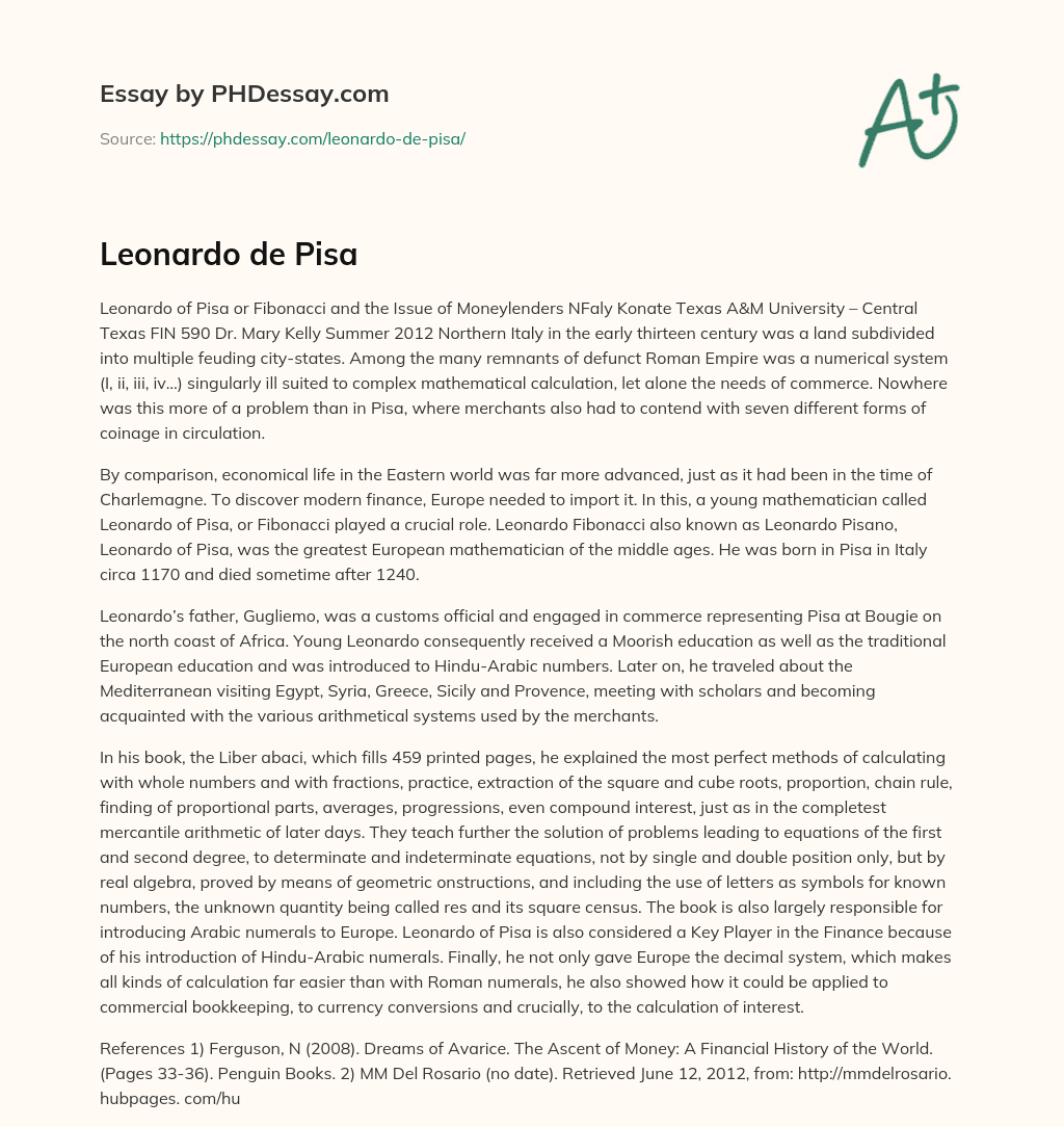 Leonardo de Pisa essay