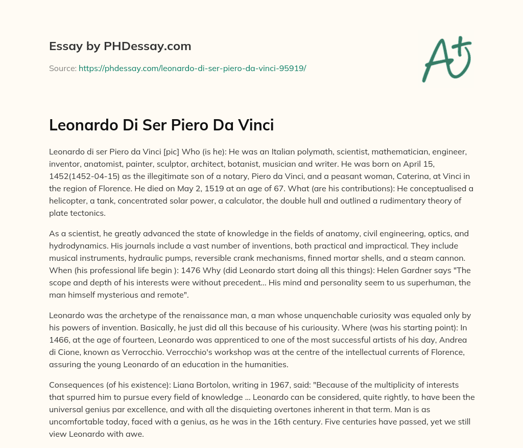 Leonardo Di Ser Piero Da Vinci essay
