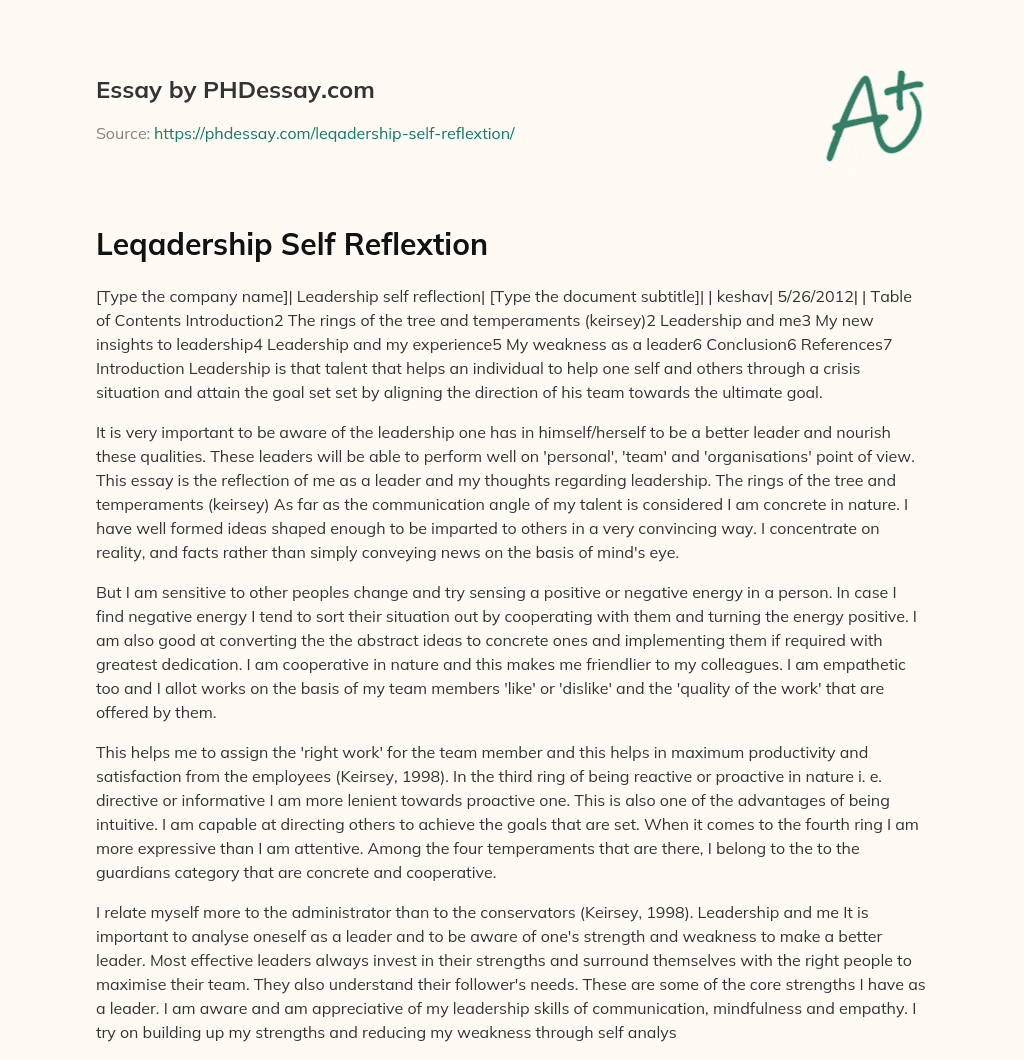 Leqadership Self Reflextion essay