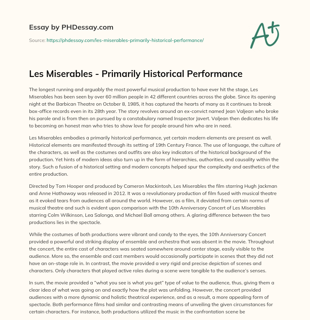 Les Miserables – Primarily Historical Performance essay