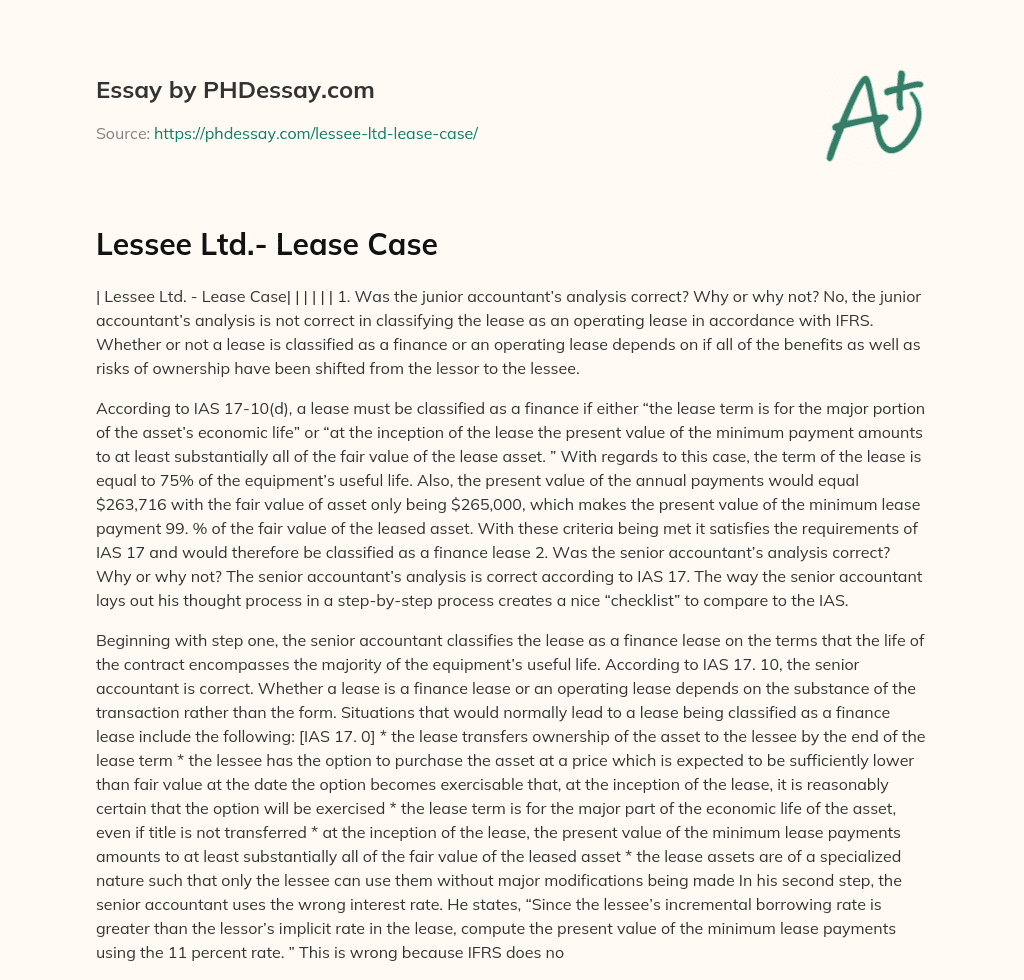 Lessee Ltd.- Lease Case essay