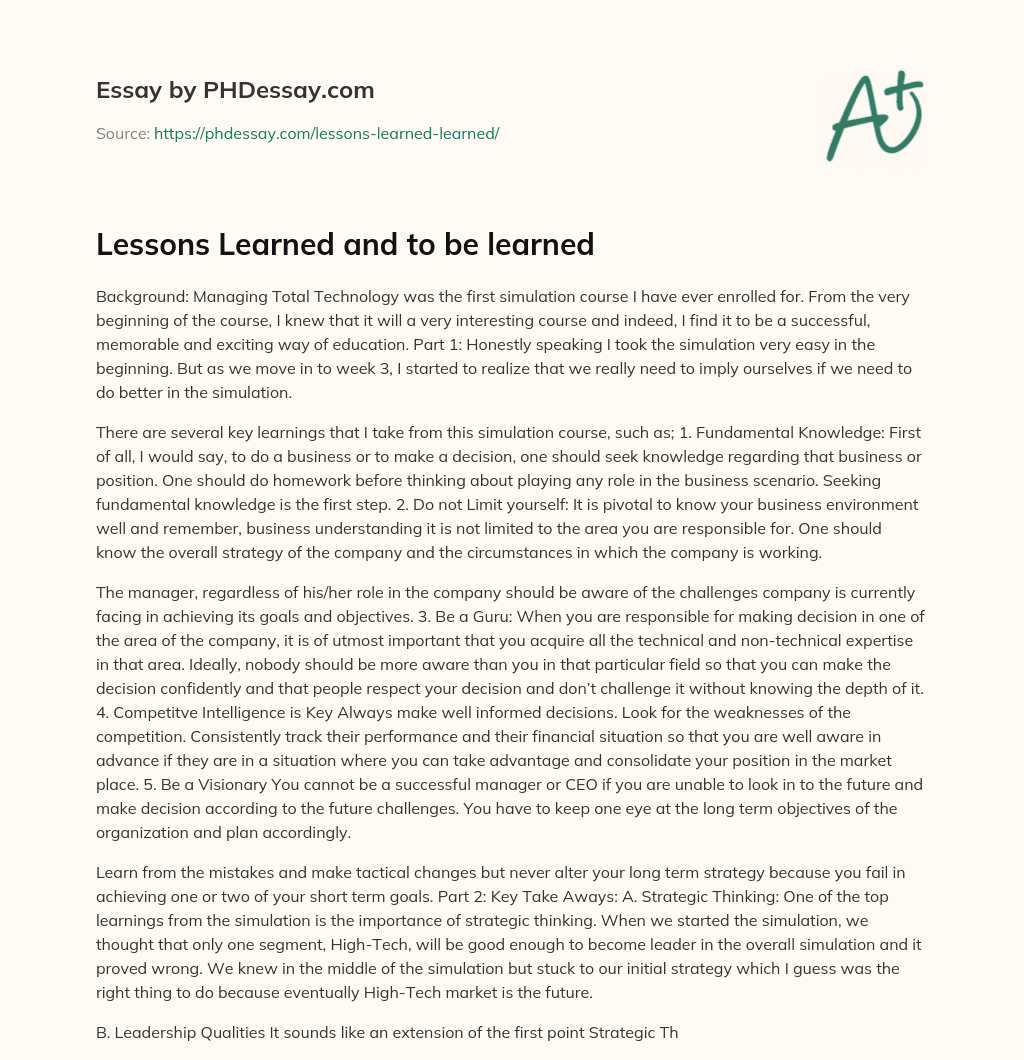 Lessons Learned and to be learned essay
