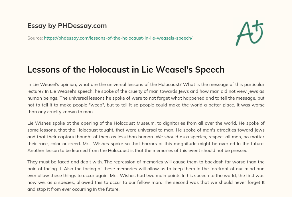 Lessons of the Holocaust in Lie Weasel’s Speech essay