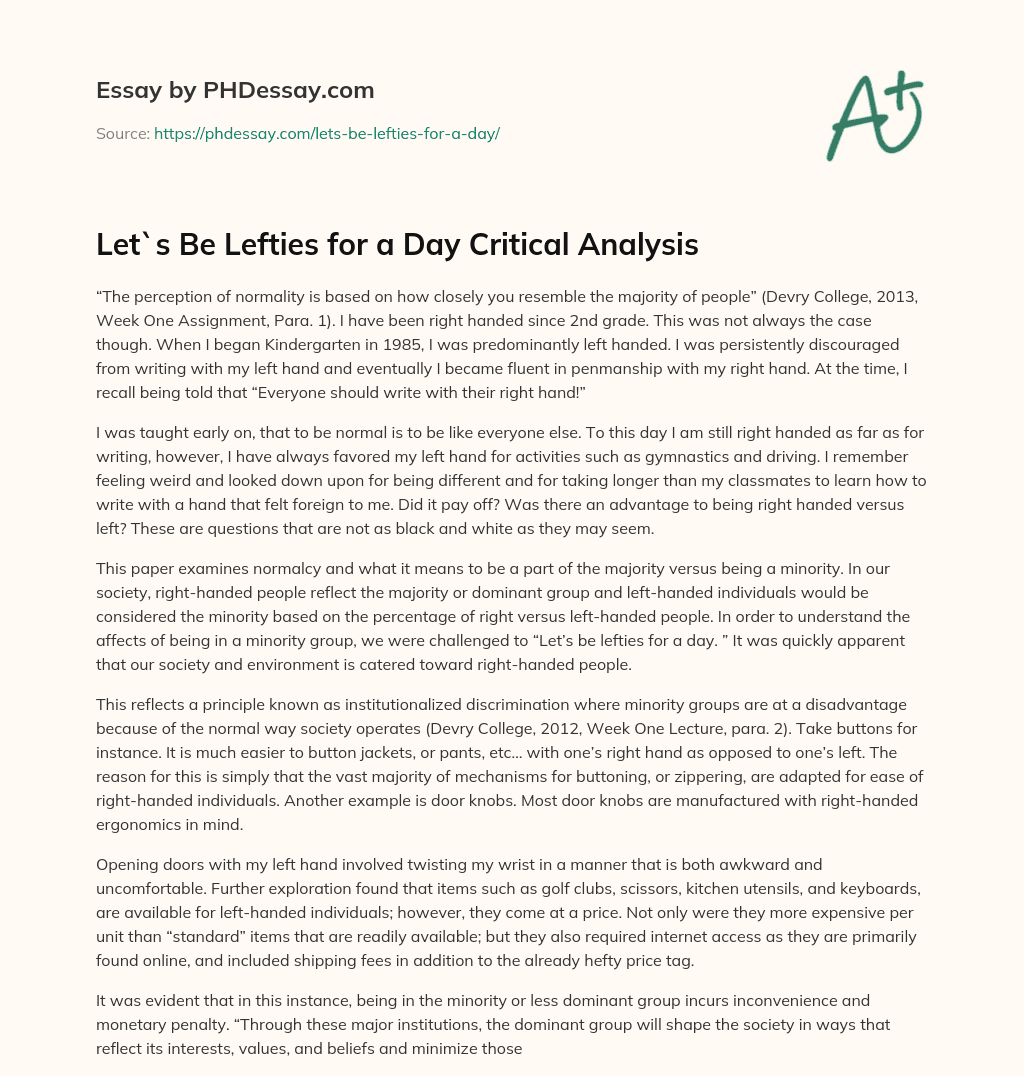 Let`s Be Lefties for a Day Critical Analysis essay