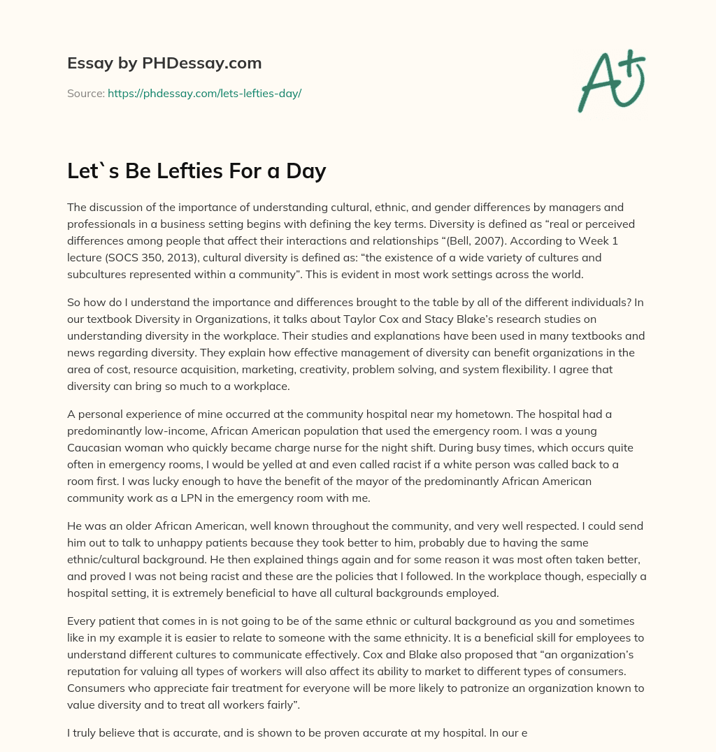 Let`s Be Lefties For a Day essay
