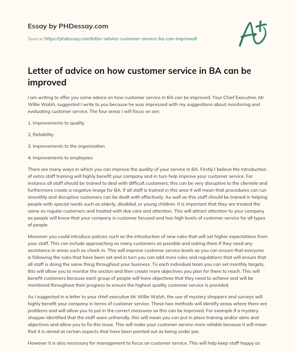 Letter of advice on how customer service in BA can be improved essay