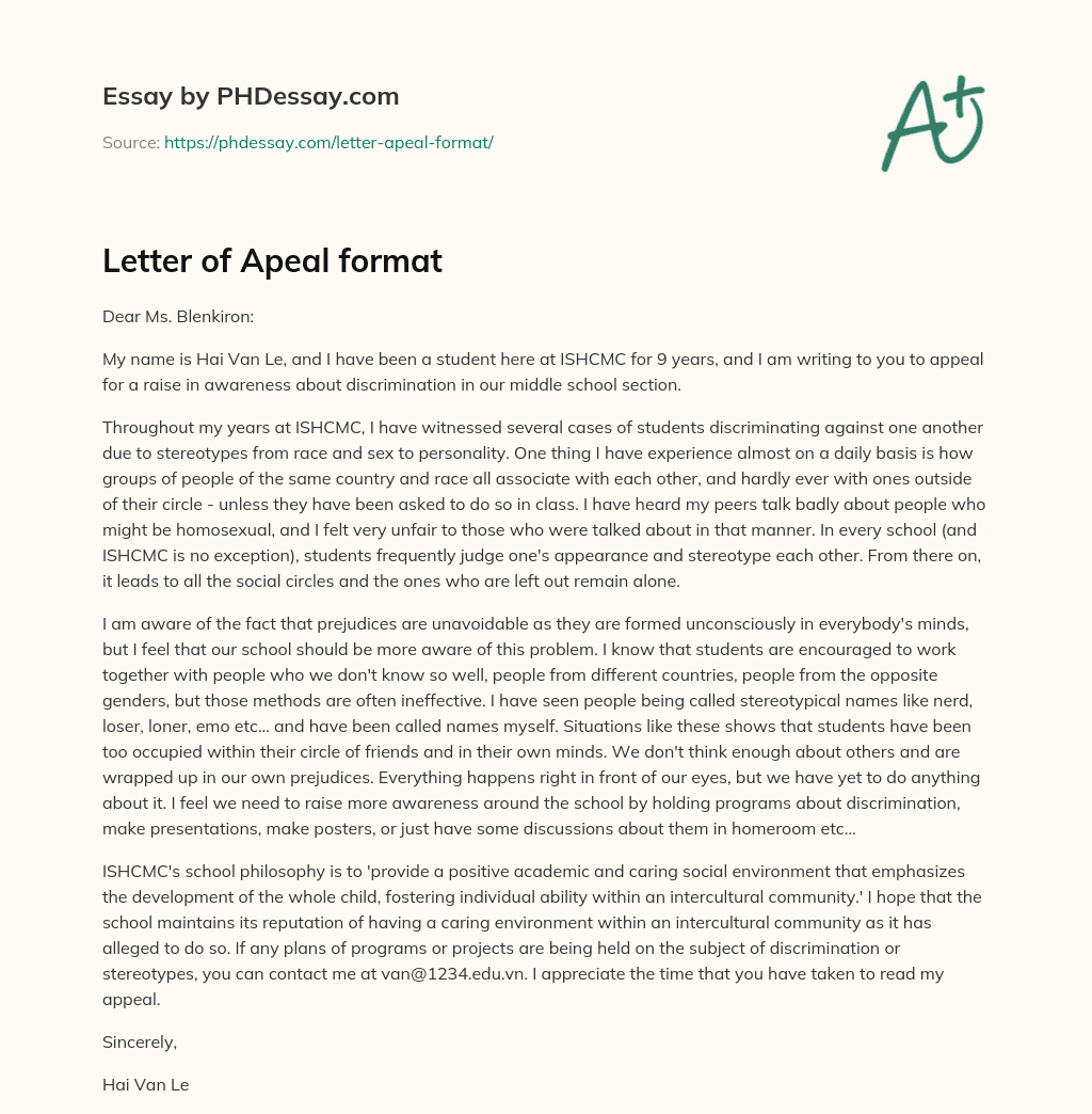Letter of Apeal format essay