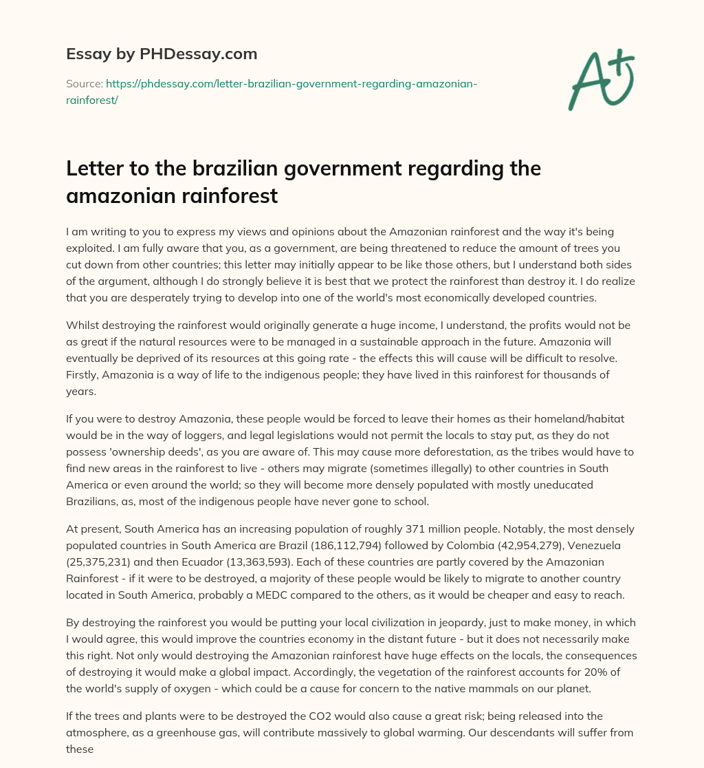 Letter to the brazilian government regarding the amazonian rainforest essay