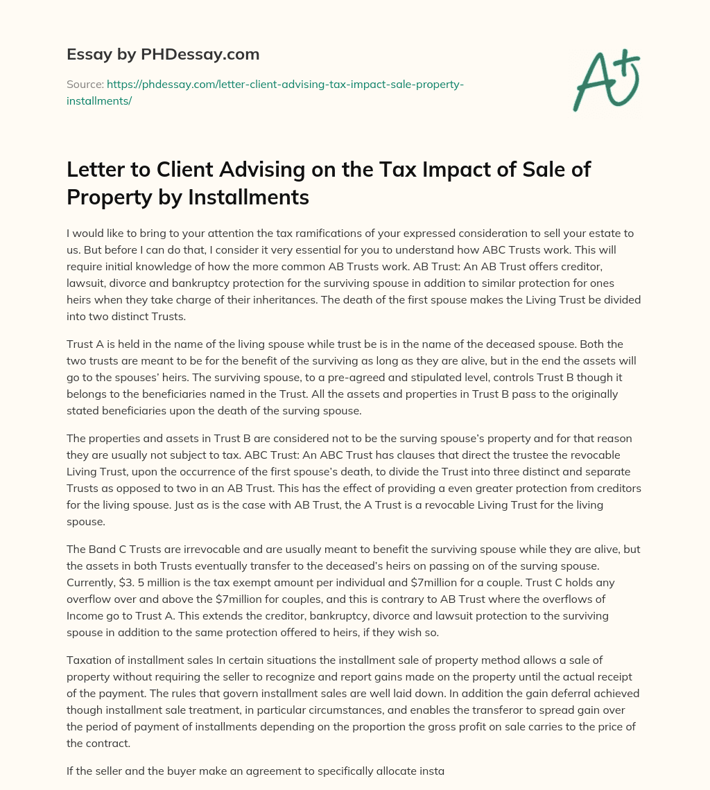 Letter to Client Advising on the Tax Impact of Sale of Property by Installments essay