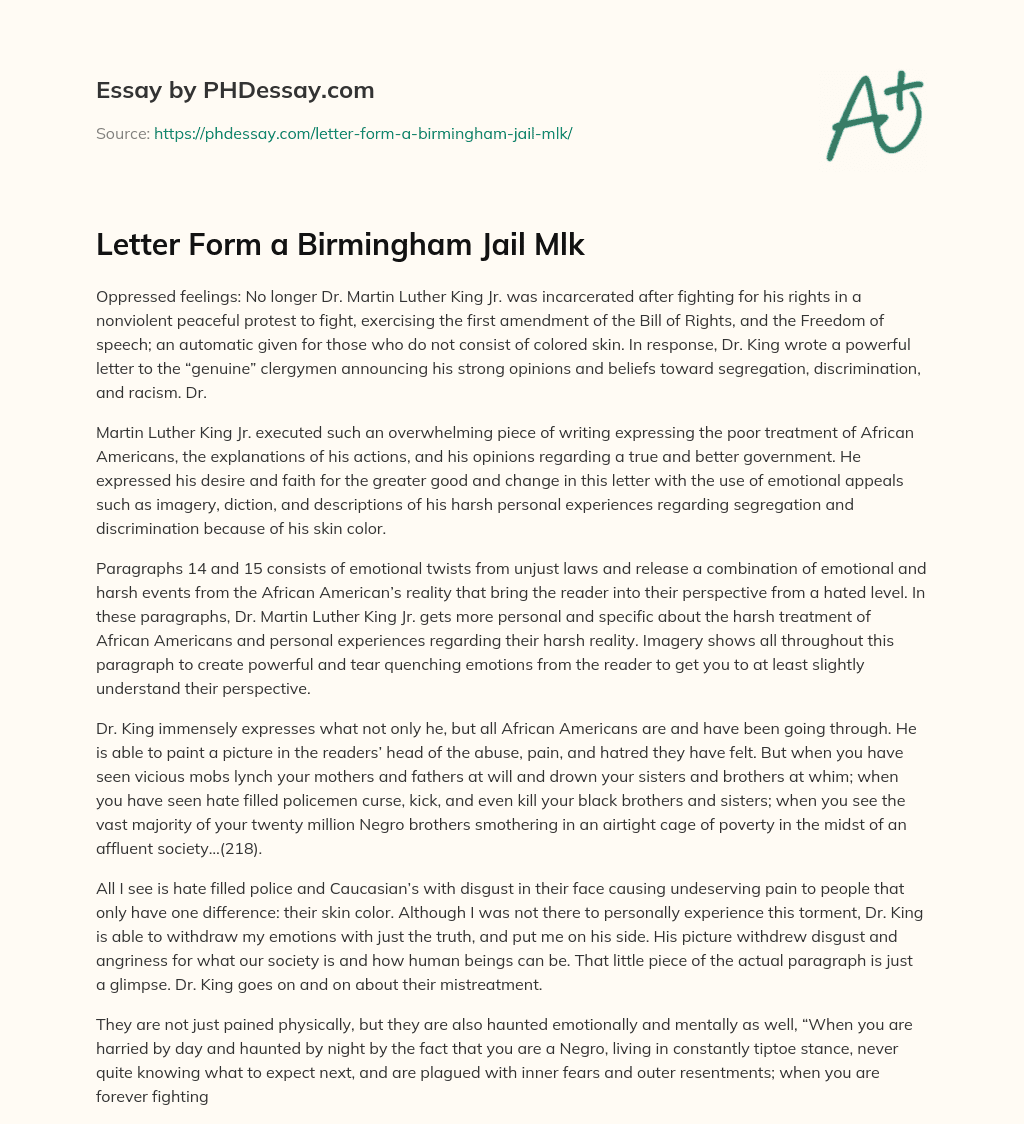 Letter Form a Birmingham Jail Mlk essay