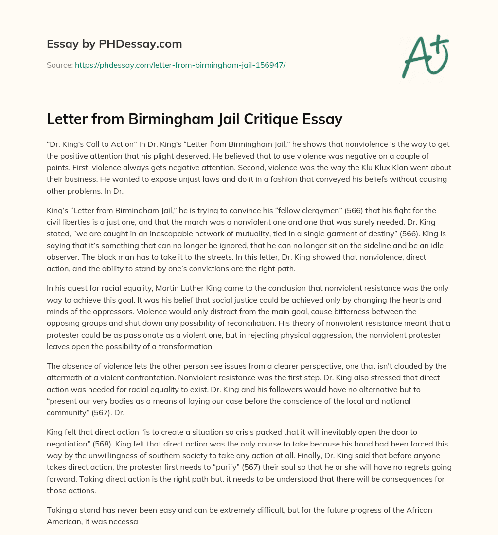 Letter from Birmingham Jail Critique Essay essay