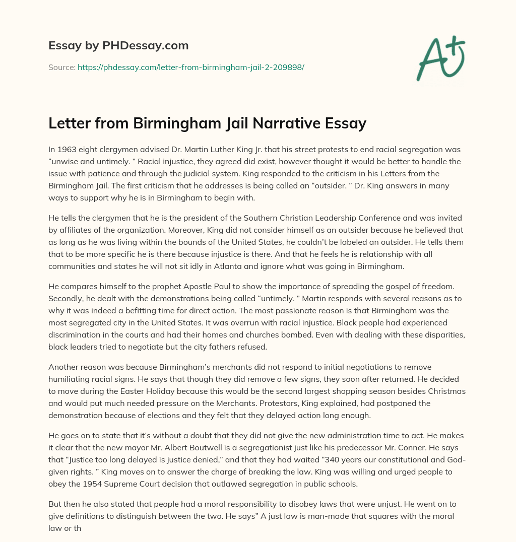 Letter from Birmingham Jail Narrative Essay essay