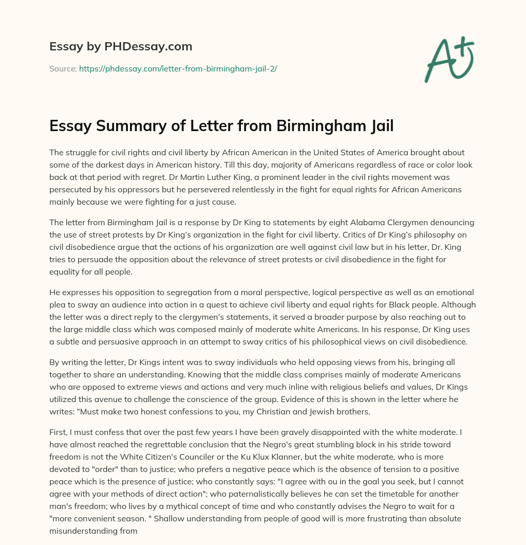 Essay Summary of Letter from Birmingham Jail essay