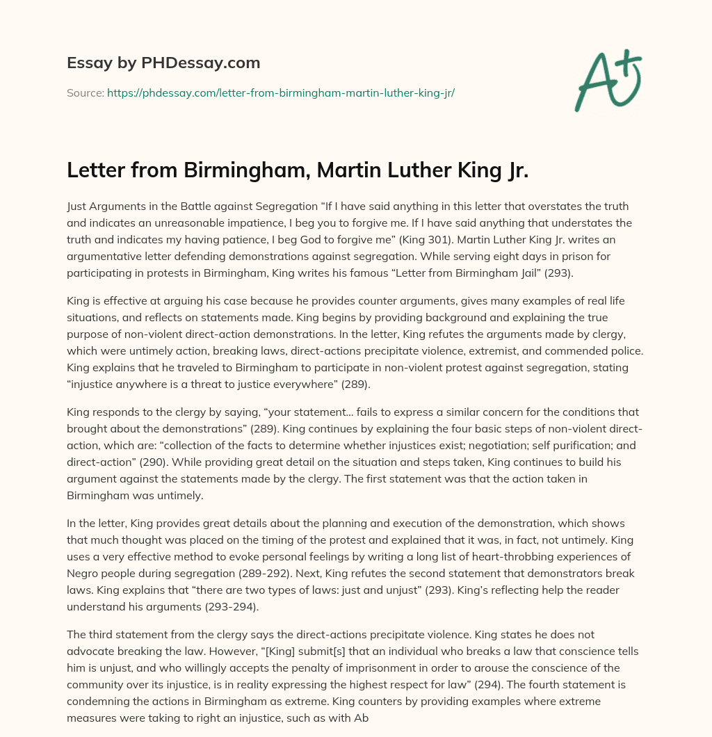 Letter from Birmingham, Martin Luther King Jr. essay