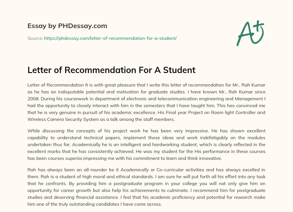 Letter of Recommendation For A Student essay