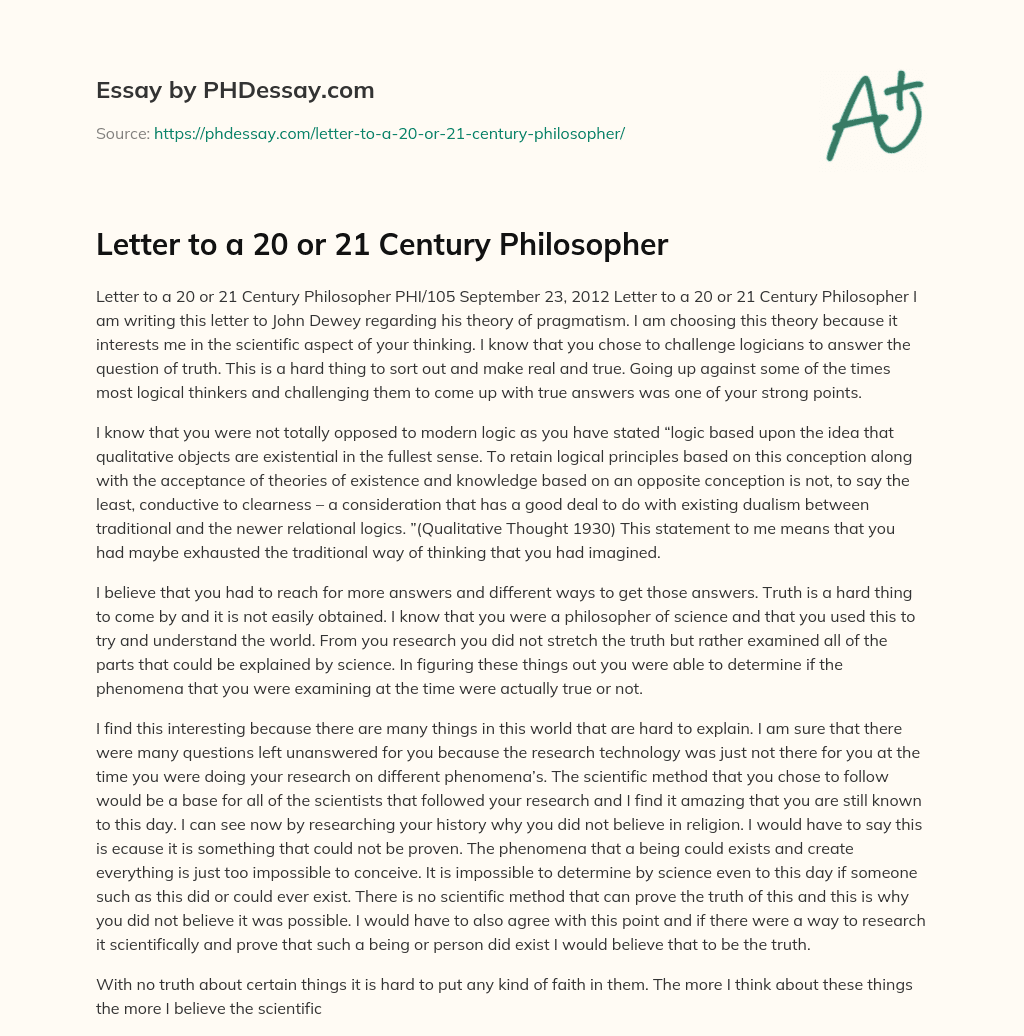 Letter to a 20 or 21 Century Philosopher essay