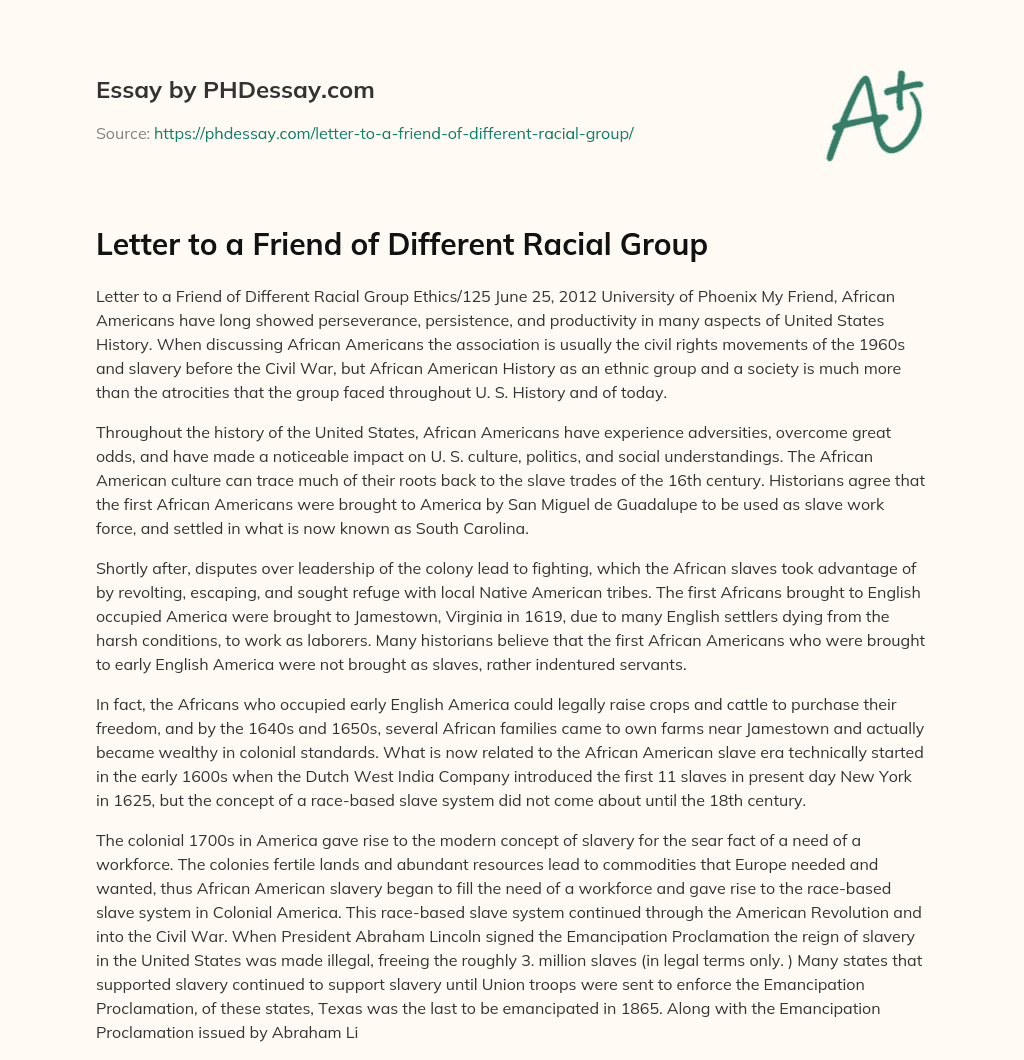 Letter to a Friend of Different Racial Group essay