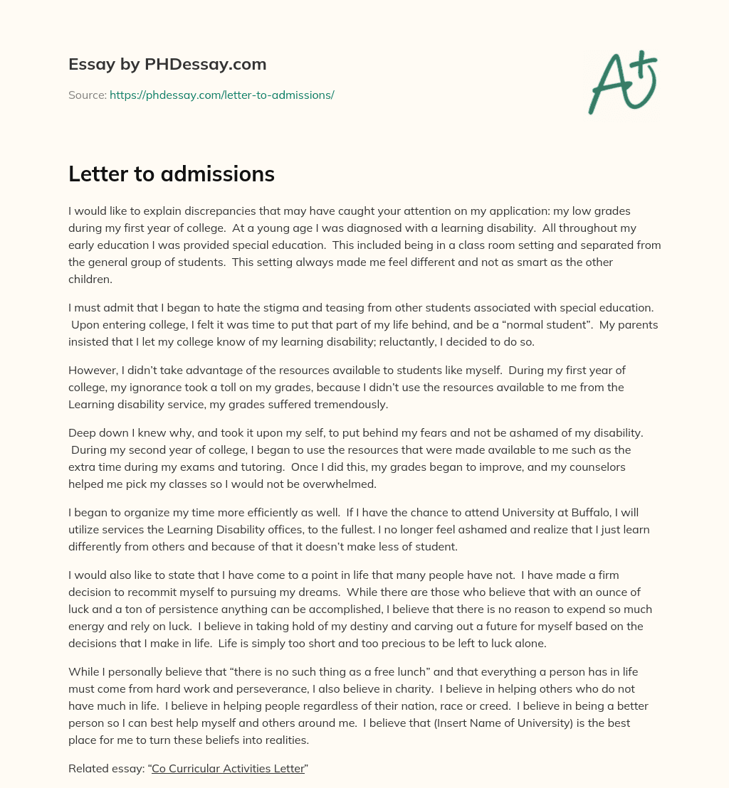 Letter to admissions essay