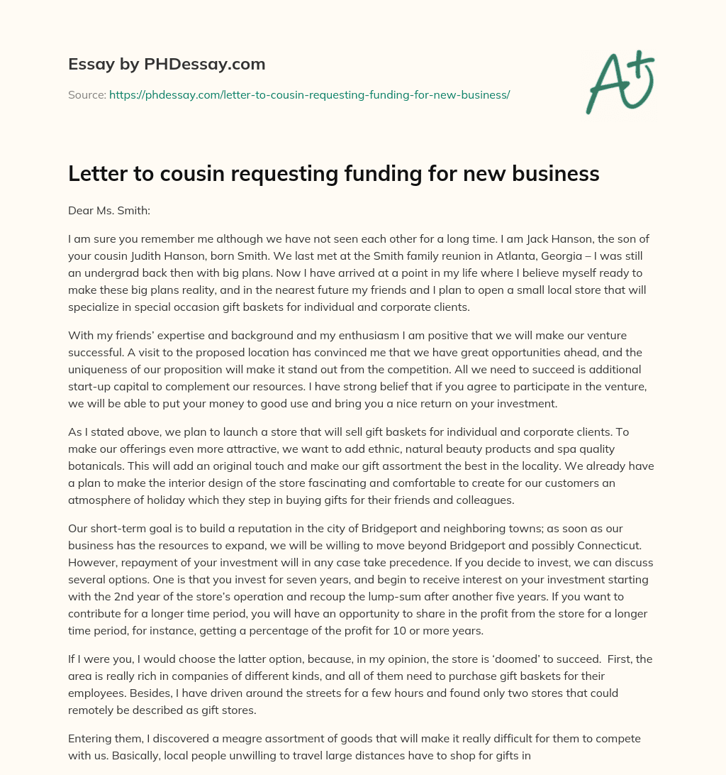 Letter to cousin requesting funding for new business essay
