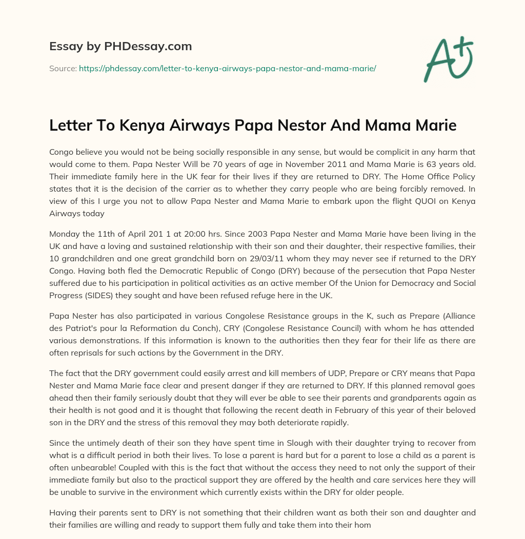 Letter To Kenya Airways Papa Nestor And Mama Marie essay