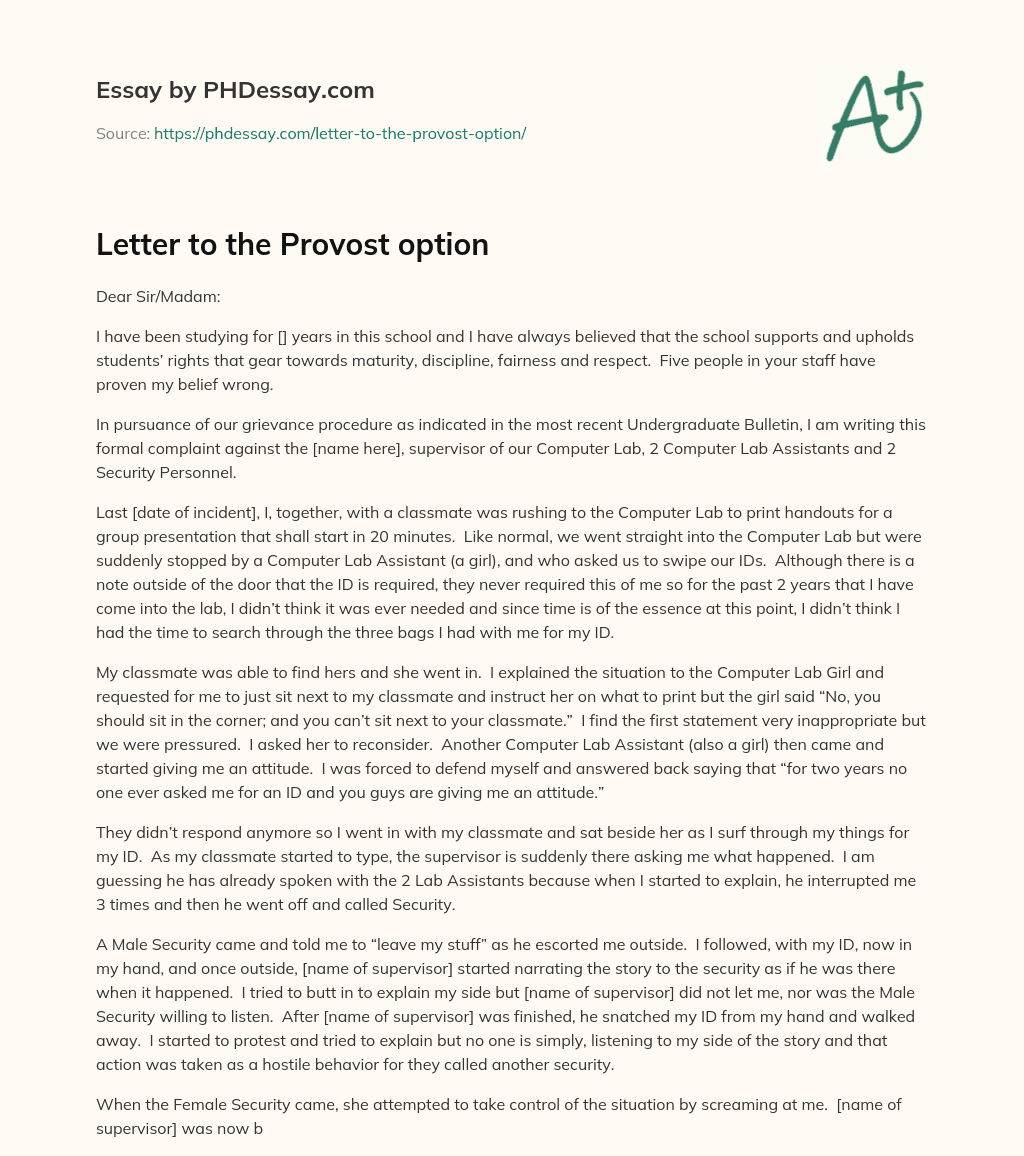 Letter to the Provost option essay