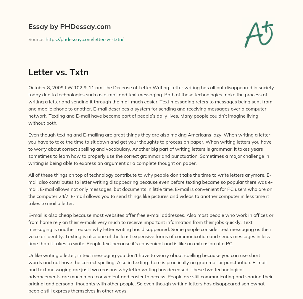Letter vs. Txtn essay