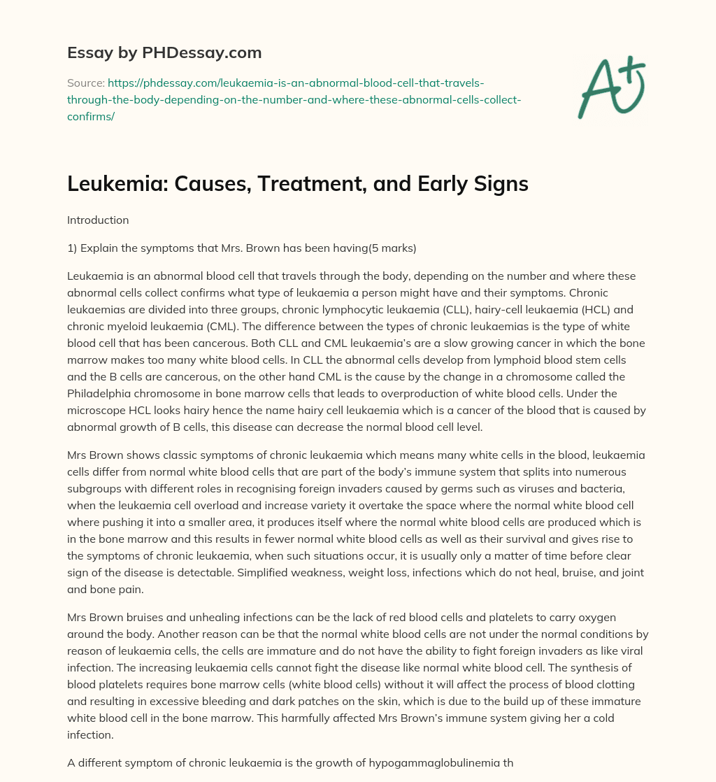 Leukemia: Causes, Treatment, and Early Signs essay