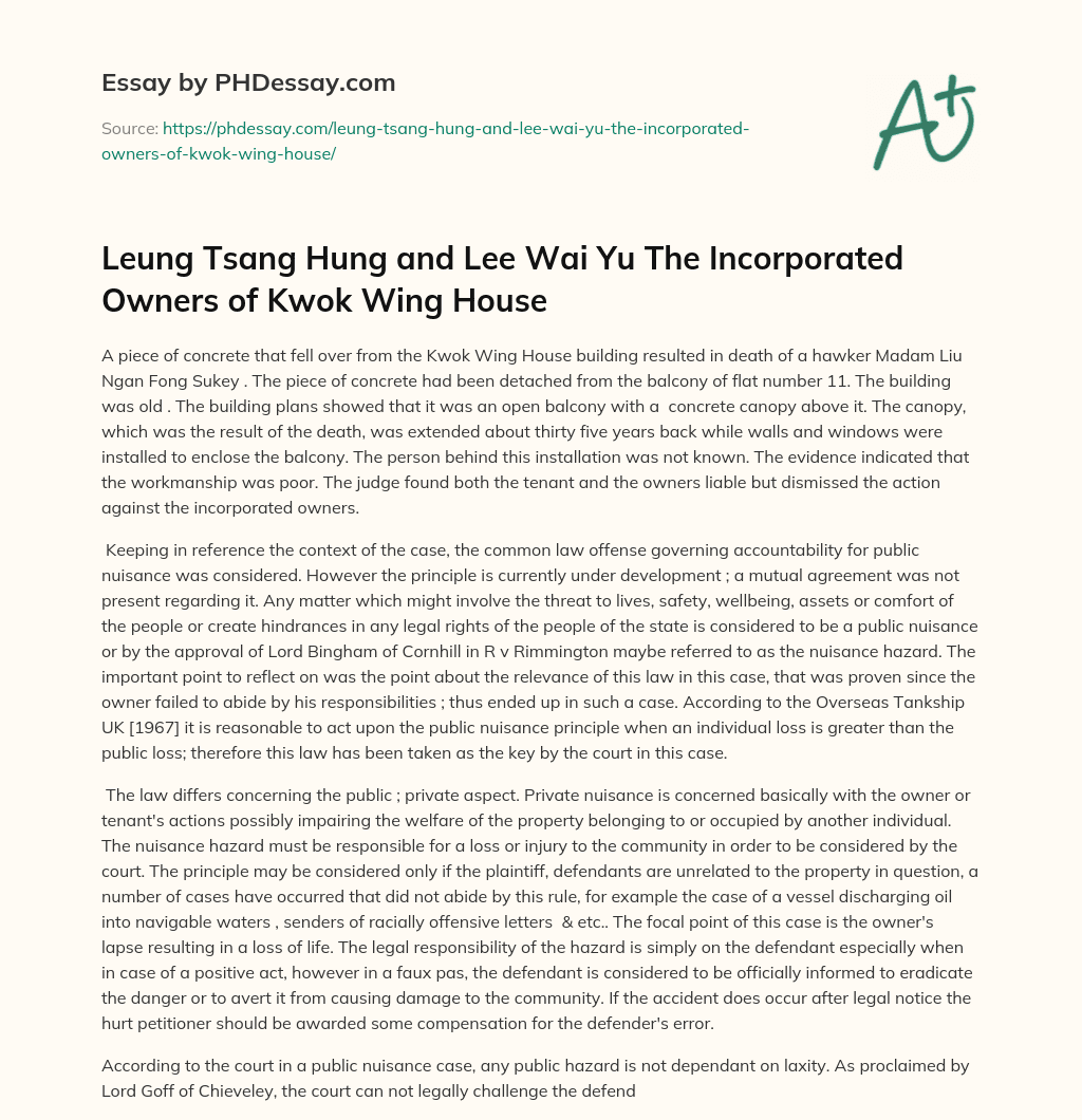 Leung Tsang Hung and Lee Wai Yu The Incorporated Owners of Kwok Wing House essay
