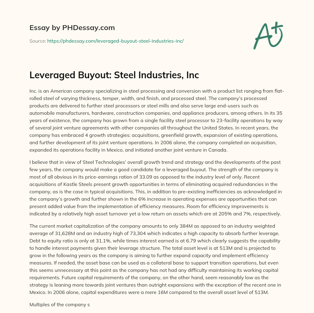 Leveraged Buyout: Steel Industries, Inc essay