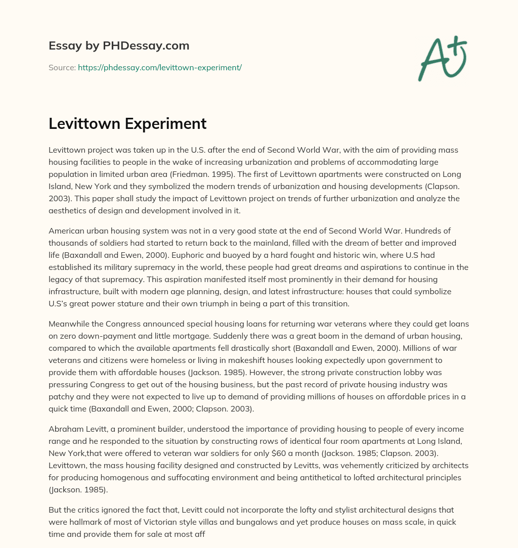 Levittown Experiment essay