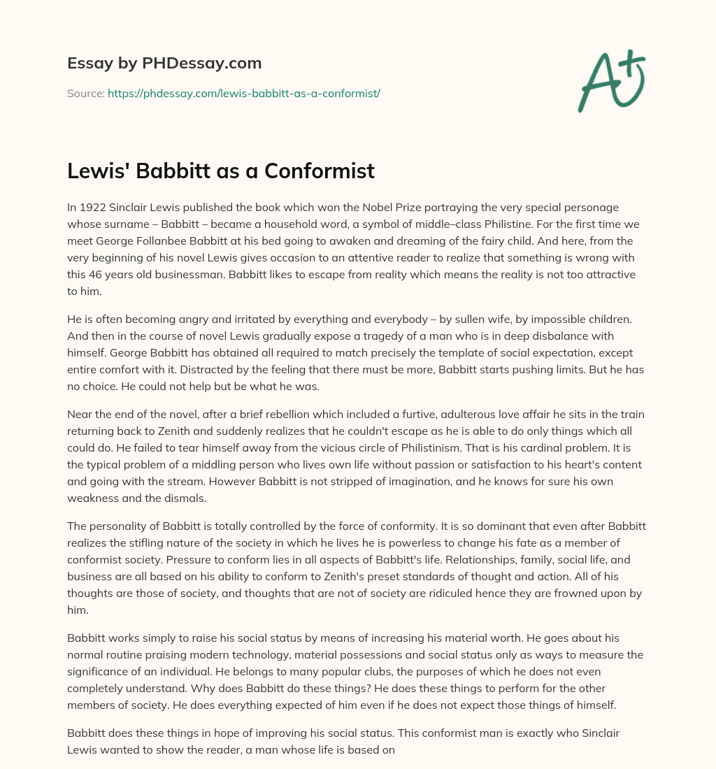 Lewis’ Babbitt as a Conformist essay