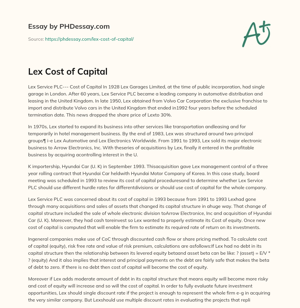 Lex Cost of Capital essay