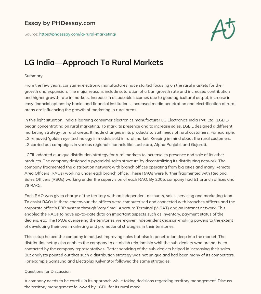LG India—Approach To Rural Markets essay