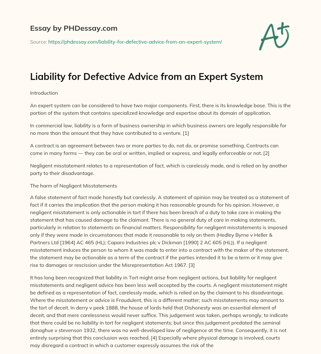 Liability for Defective Advice from an Expert System essay