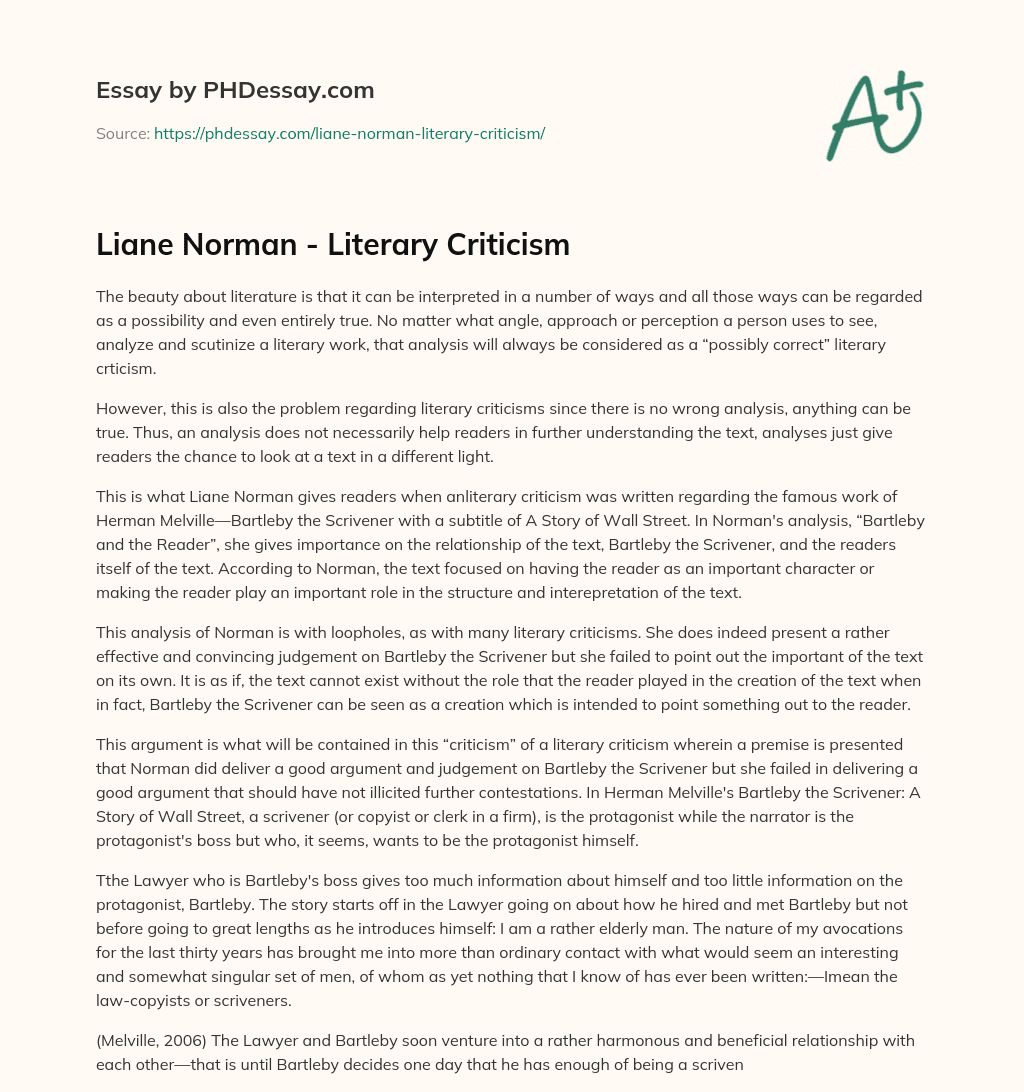 Liane Norman – Literary Criticism essay