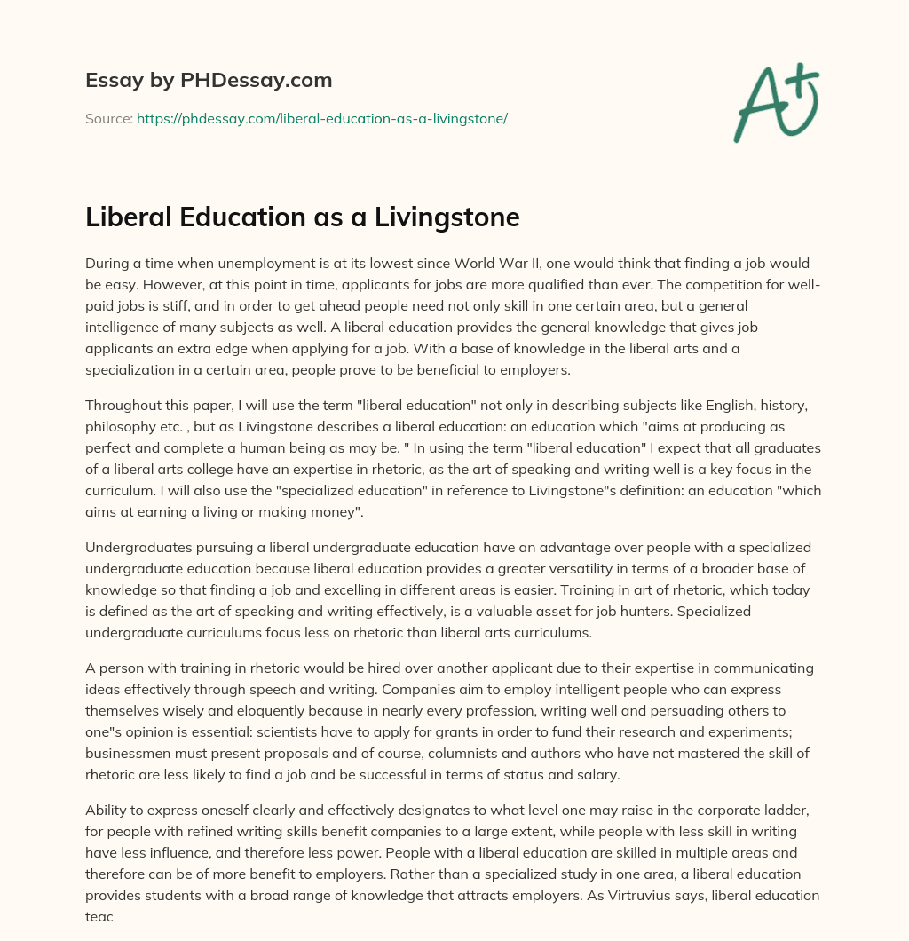 Liberal Education as a Livingstone essay