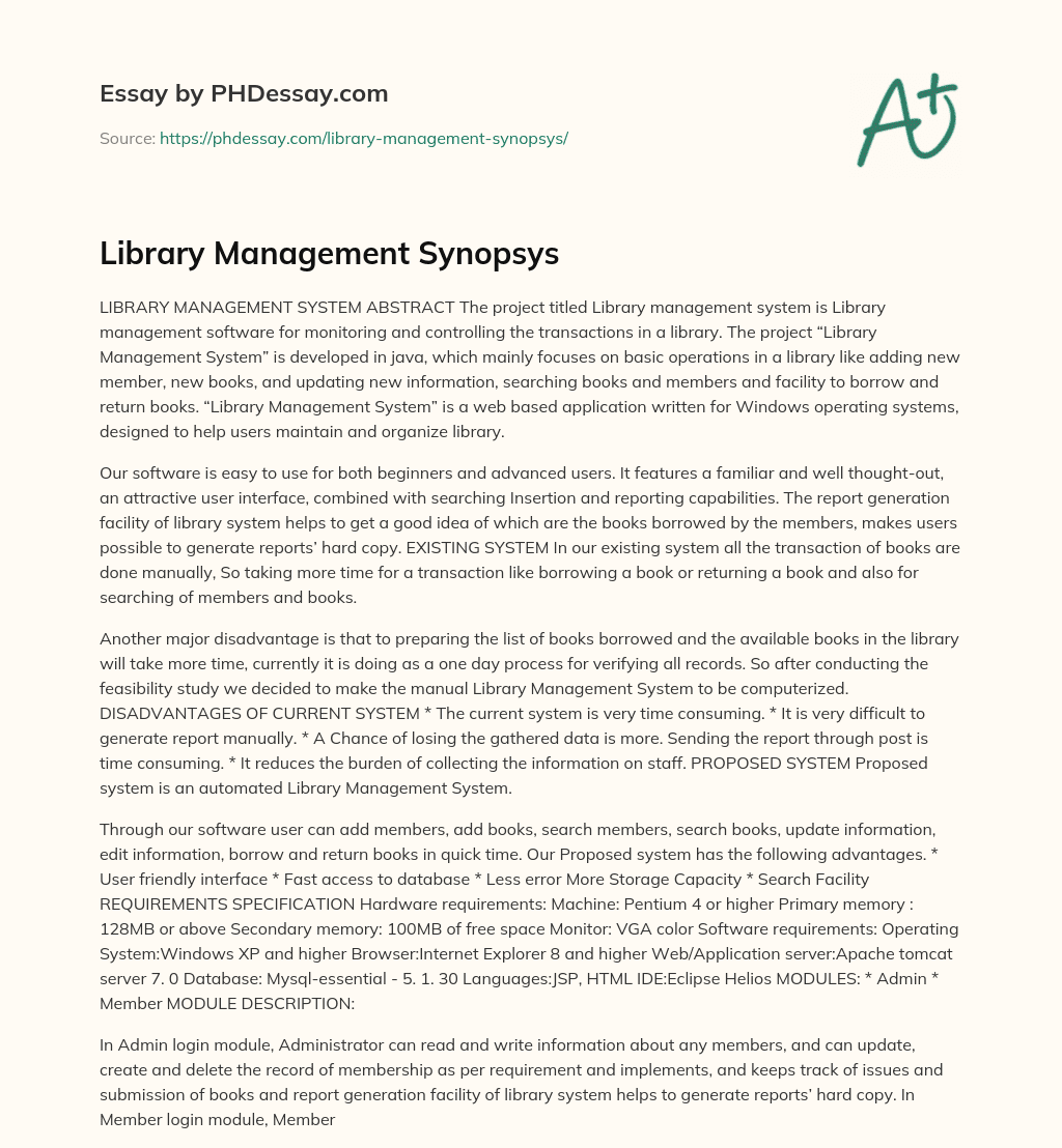 Library Management Synopsys essay
