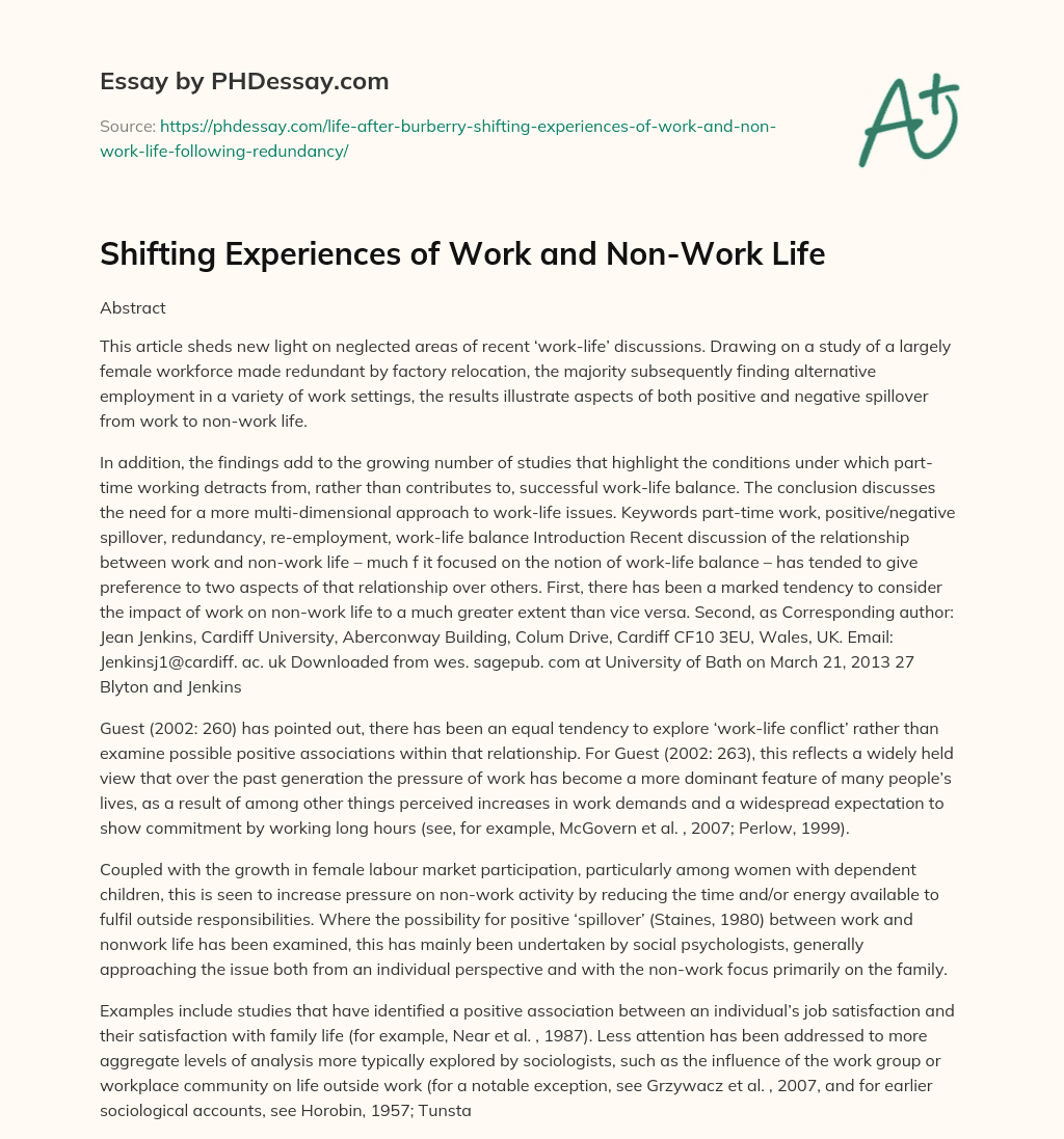 Shifting Experiences of Work and Non-Work Life essay
