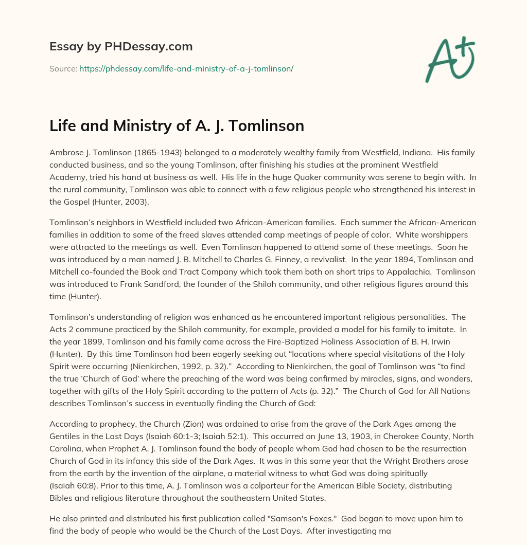 Life and Ministry of A. J. Tomlinson essay