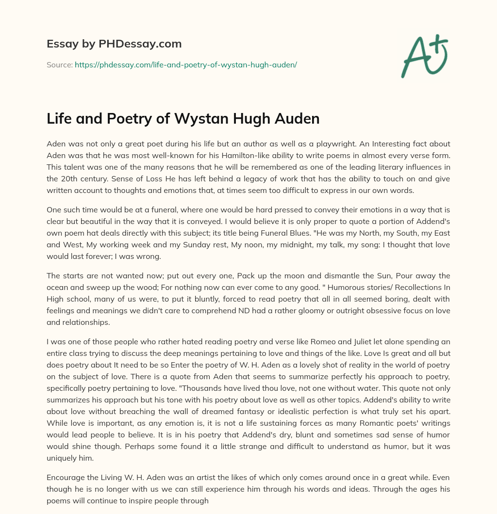 Life and Poetry of Wystan Hugh Auden essay