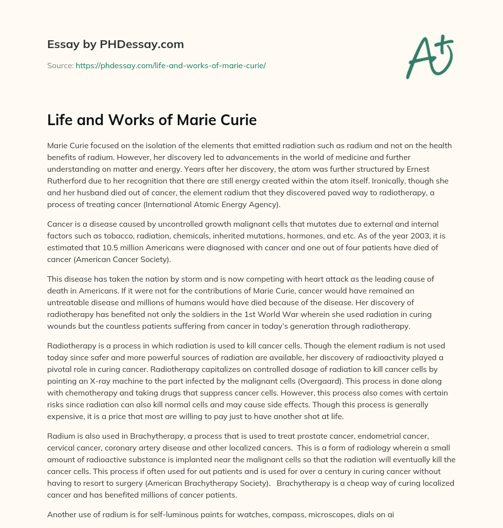 Life and Works of Marie Curie essay